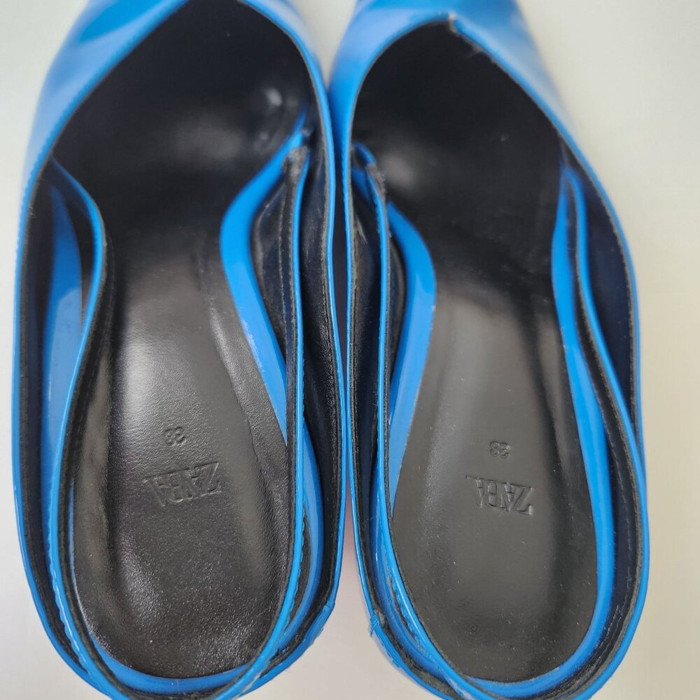 Zara Blue Patent Leather Pointed Toe Kitten Heel Wedge Slingback Shoes Size 38 - Picture 7 of 16